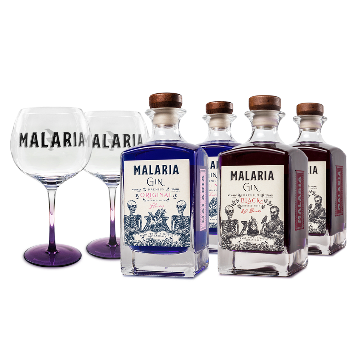 2 COPONES REGALO + 2 Malaria Gin Original + 2 Malaria Gin Black